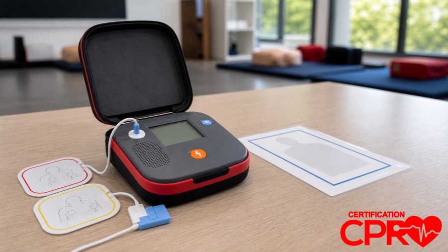 AED trainer and electrode pads for practicing voice prompts in a CPR classroom in Lakeland.