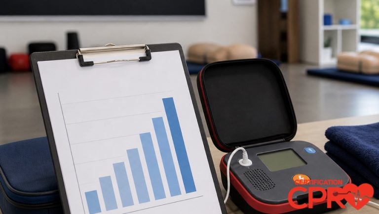 CPR statistics chart with AED trainer in a CPR classroom in Lakeland.