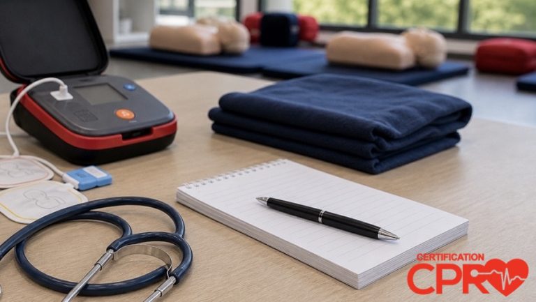 AED trainer, stethoscope, and CPR classroom supplies for an article on heart attack versus cardiac arrest in Lakeland.