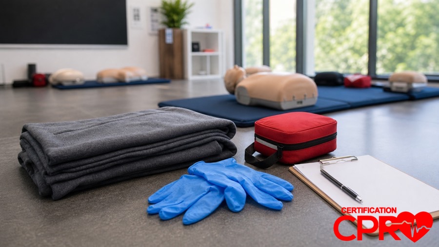 First aid training supplies for practicing seizure response in a CPR classroom in Lakeland.