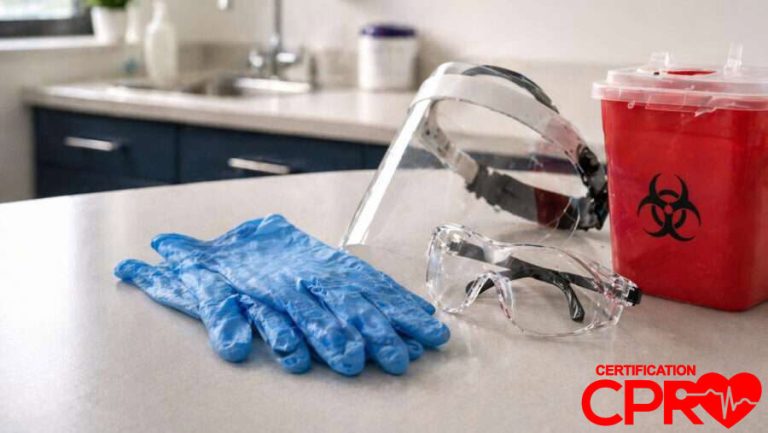 CPR training supplies including gloves, goggles, and biohazard container in Lakeland.