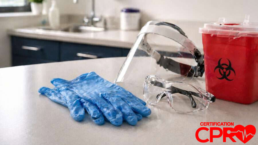 CPR training supplies including gloves, goggles, and biohazard container in Lakeland.